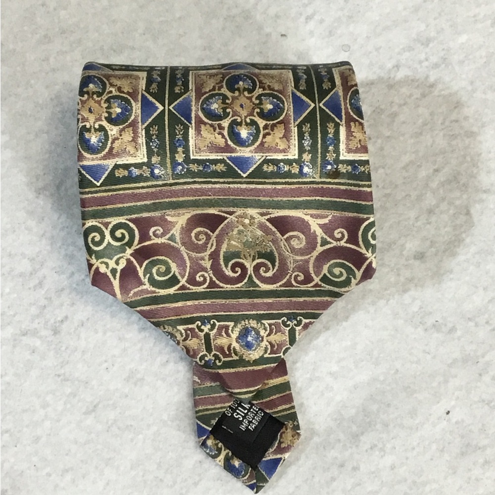 Classic Men's Silk Tie in Burgundy, Green & Blue Baroque Pattern